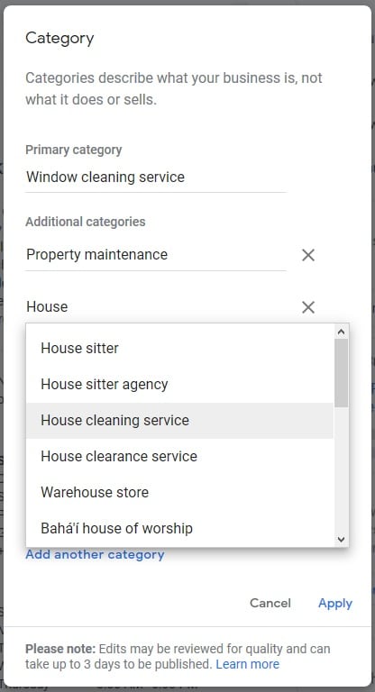 google business profile categories