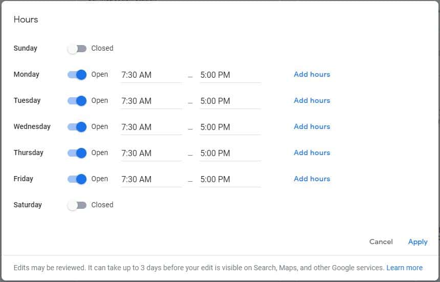 google business profile opening hours