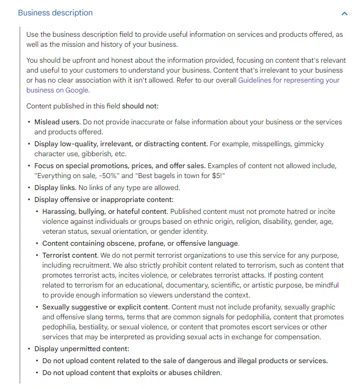 google business profile description guidelines