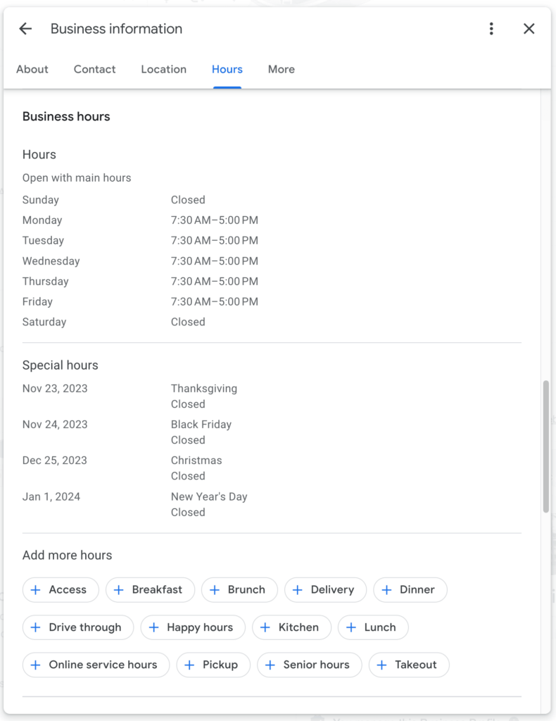 business hours google business profile