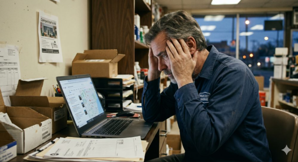 Frustrated local business owner staring at his Google Business Profile in an empty shop